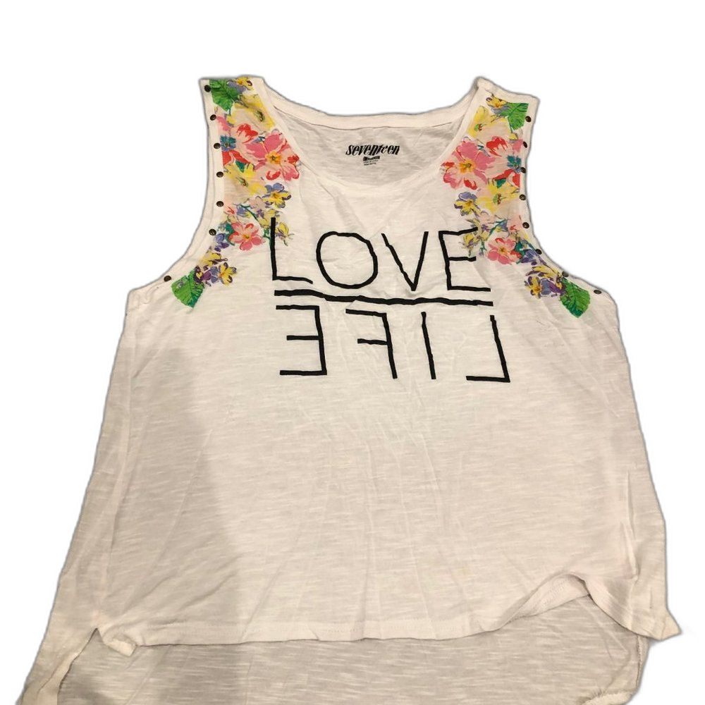 Seventeen Love Life White w/ Floral Womens Large Tank‎ Top Sleeveless Round Neck